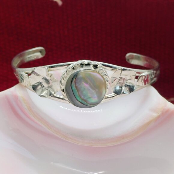 Mexican Silver Abalone Shell Cuff Bracelet Flower Leaf Setting Handmade 12.7g - Picture 2 of 7